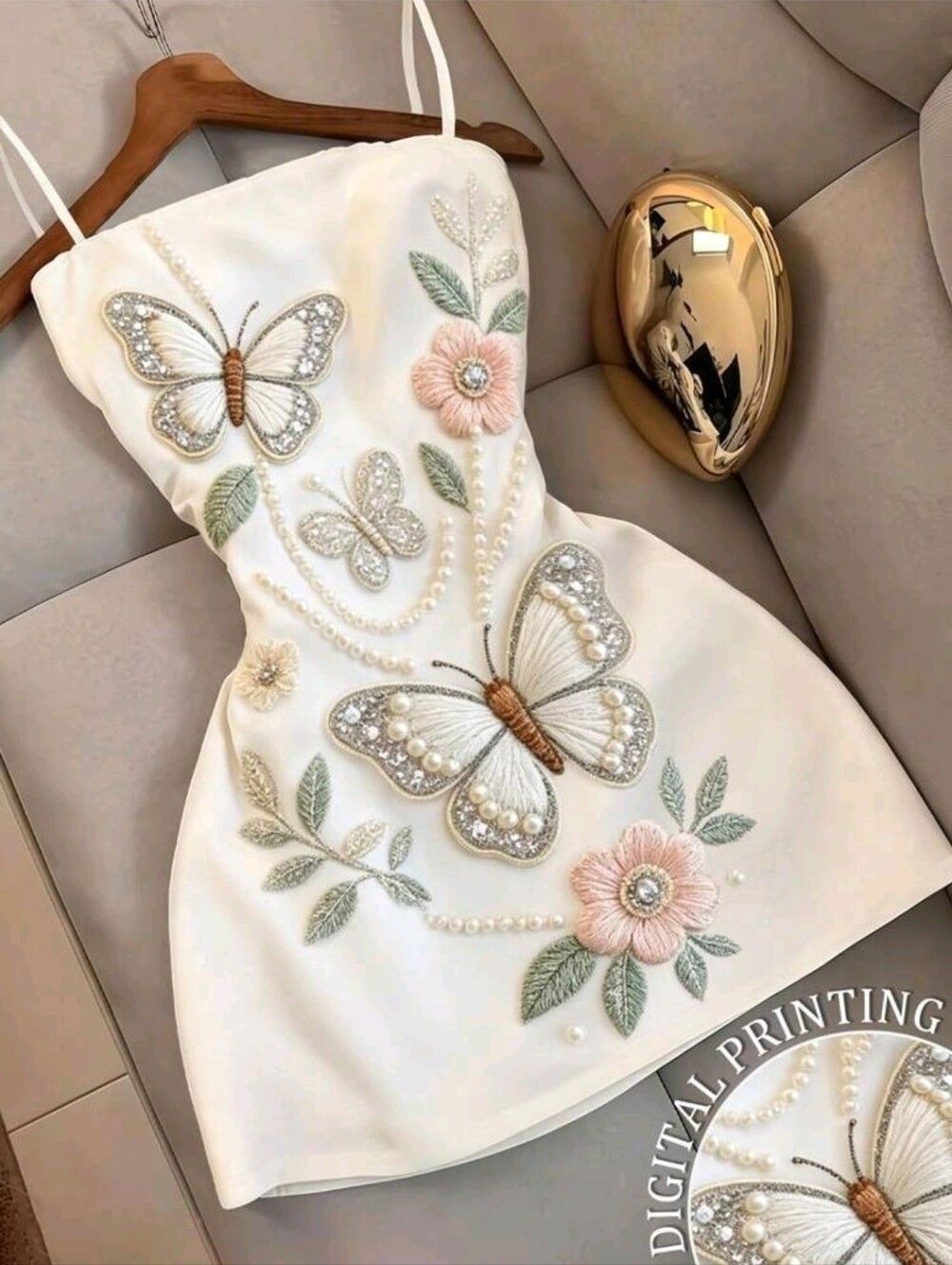 Resyla Embroidered Floral And Butterfly Spaghetti Strap Mini Dress